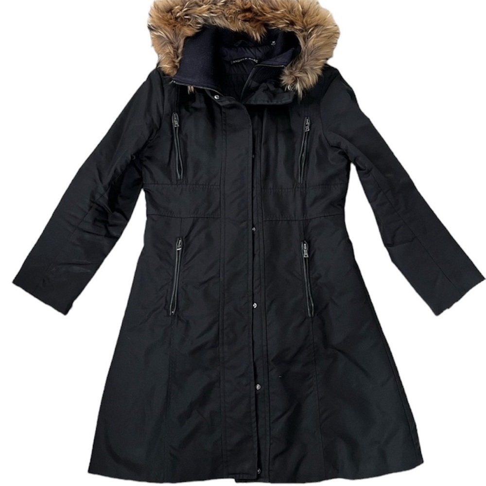 ANDREW MARC Women’s Black Winter Coat Jacket Fur Hood Size Medium
